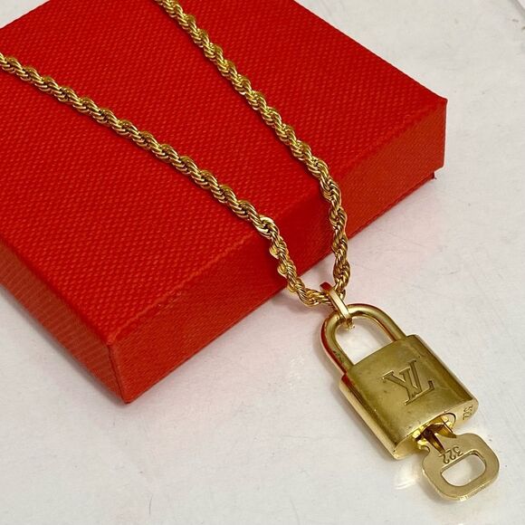 LOUIS VUITTON Lock and key 🔐 on Gold Tone Necklace #322 - Picture 1 of 13